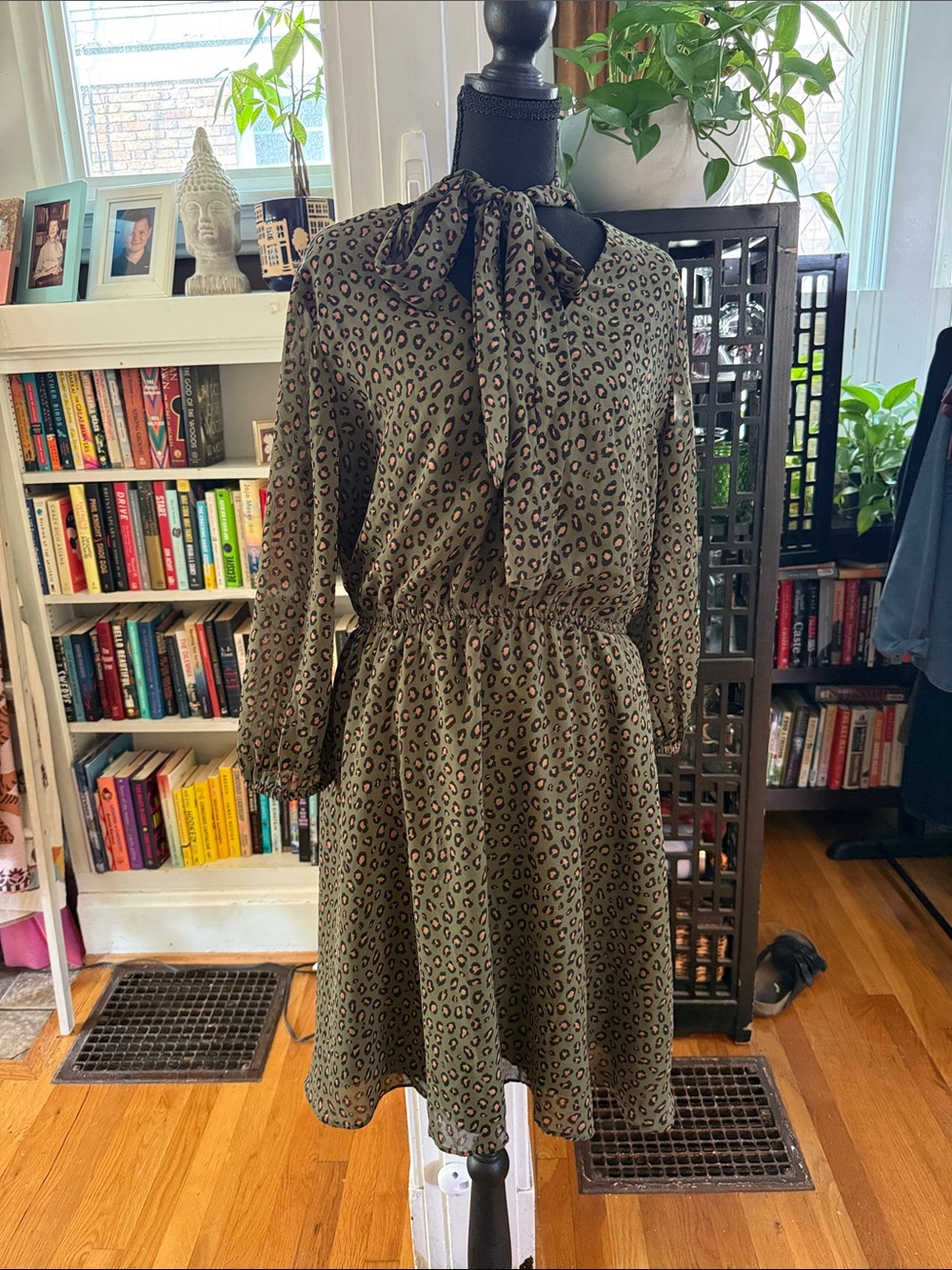Ann Taylor Factory Tie-Neck Long Sleeve Leopard Print Dress - Olive Green